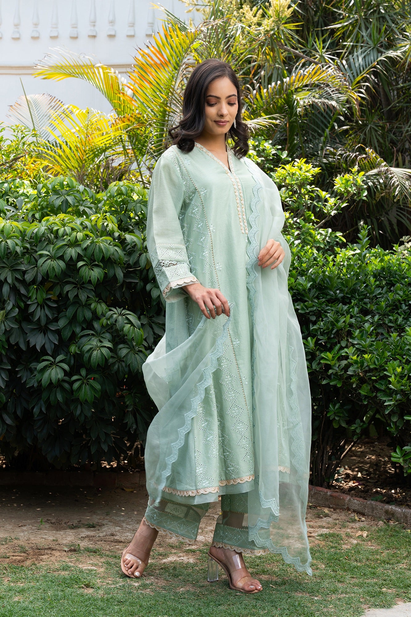 Sea-Green Buti Embroidered Panelled Kurta Set