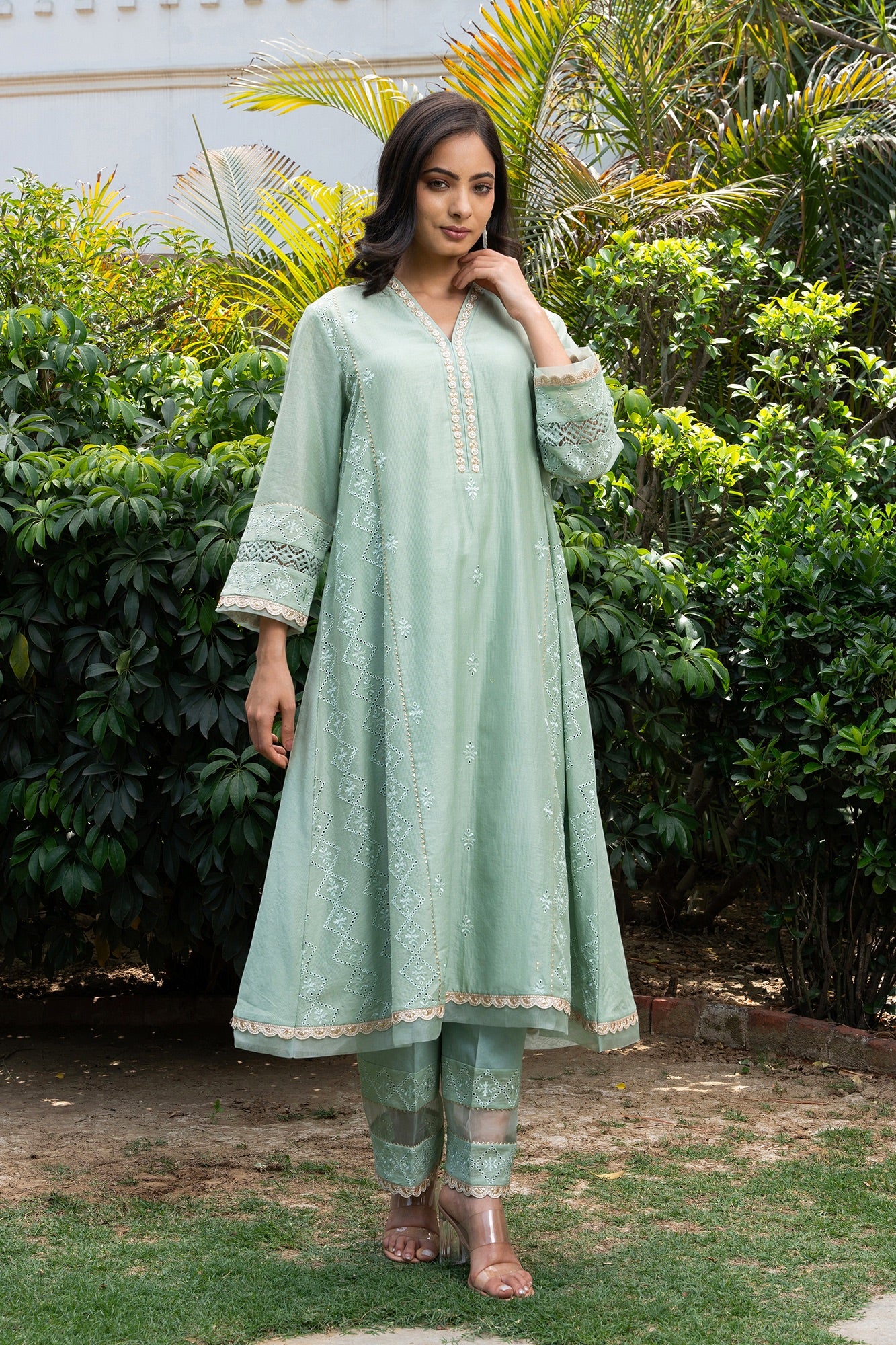 Sea-Green Buti Embroidered Panelled Kurta Set