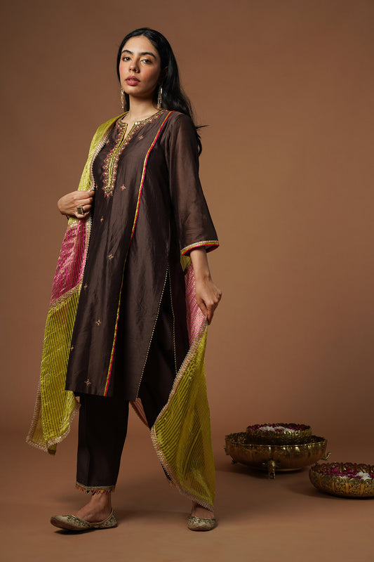 Brown Mirror Embroidered Centre Panel Kurta Set