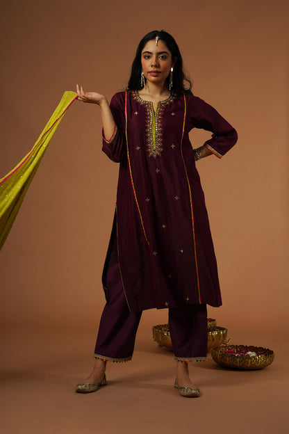 Wine Mirror Embroidered Centre Panel Kurta Set