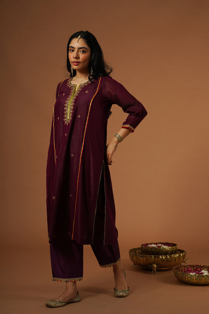 Wine Mirror Embroidered Centre Panel Kurta Set