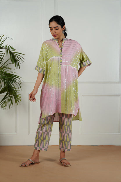 Pink-Green Shaded Lurex Top With Block Printed Pants