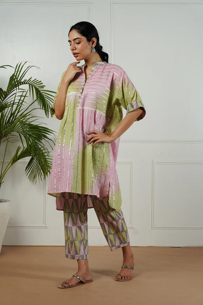 Pink-Green Shaded Lurex Top With Block Printed Pants