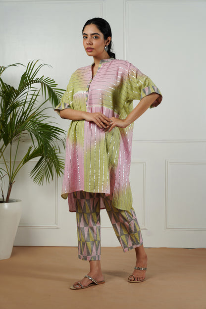 Pink-Green Shaded Lurex Top With Block Printed Pants