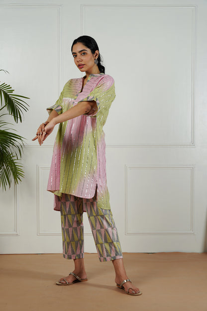 Pink-Green Shaded Lurex Top With Block Printed Pants