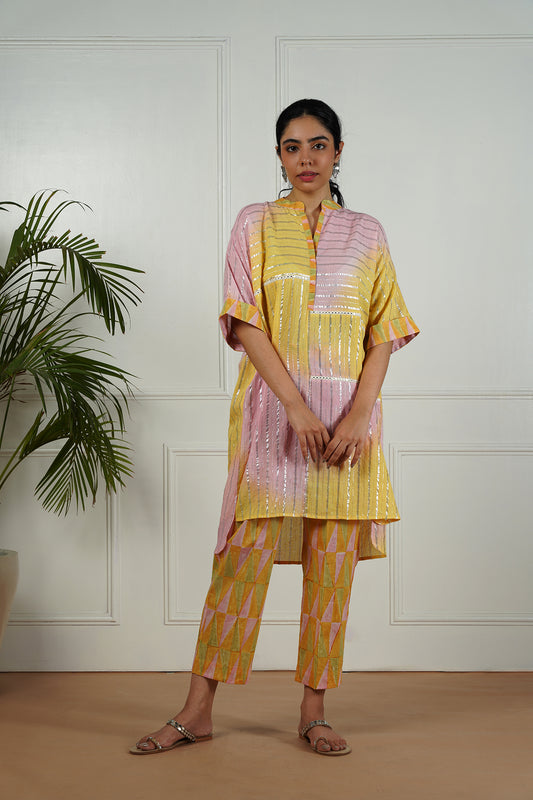 Pink-Yellow Shaded Lurex Top With Block Printed Pants