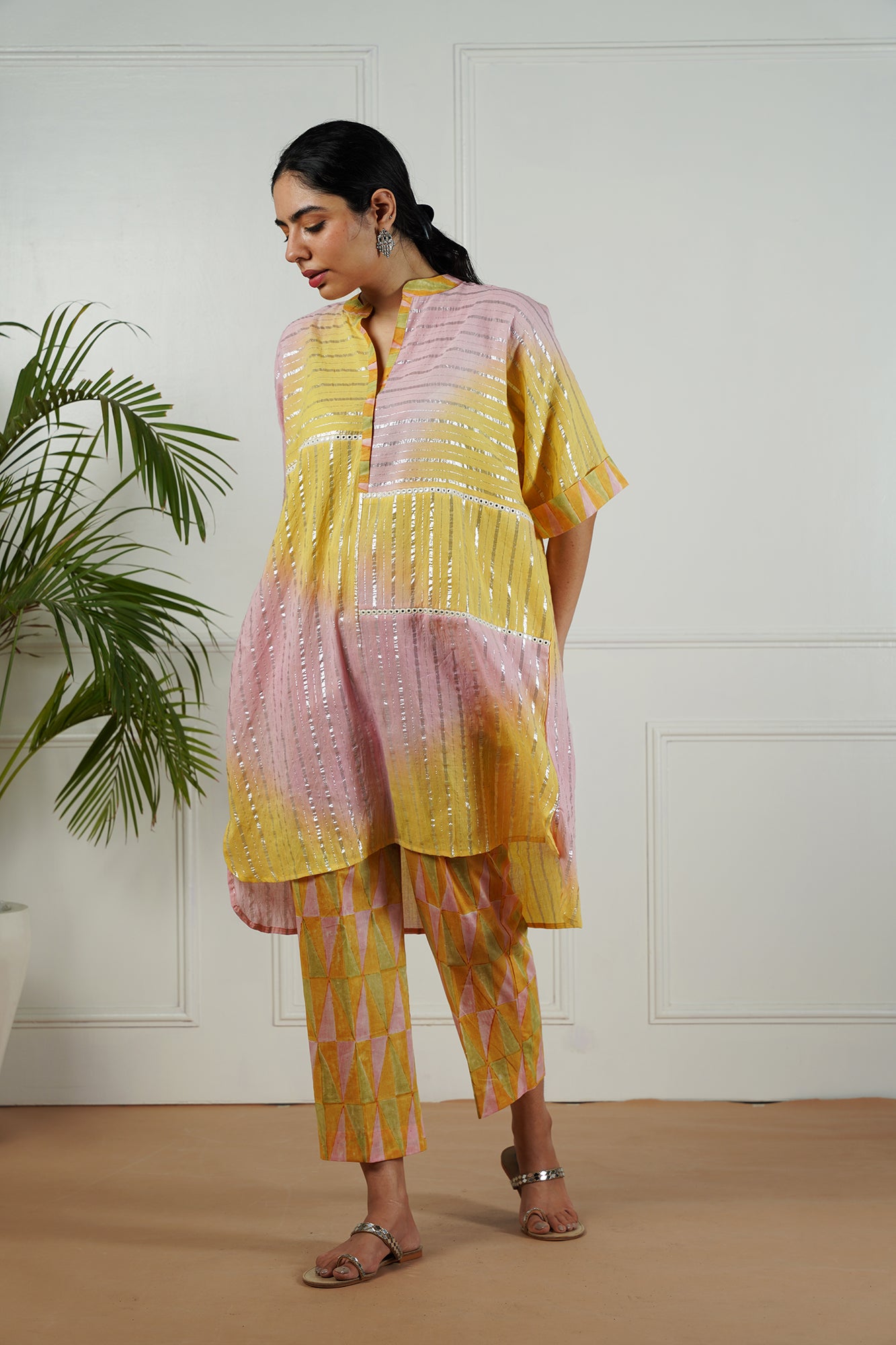 Pink-Yellow Shaded Lurex Top With Block Printed Pants