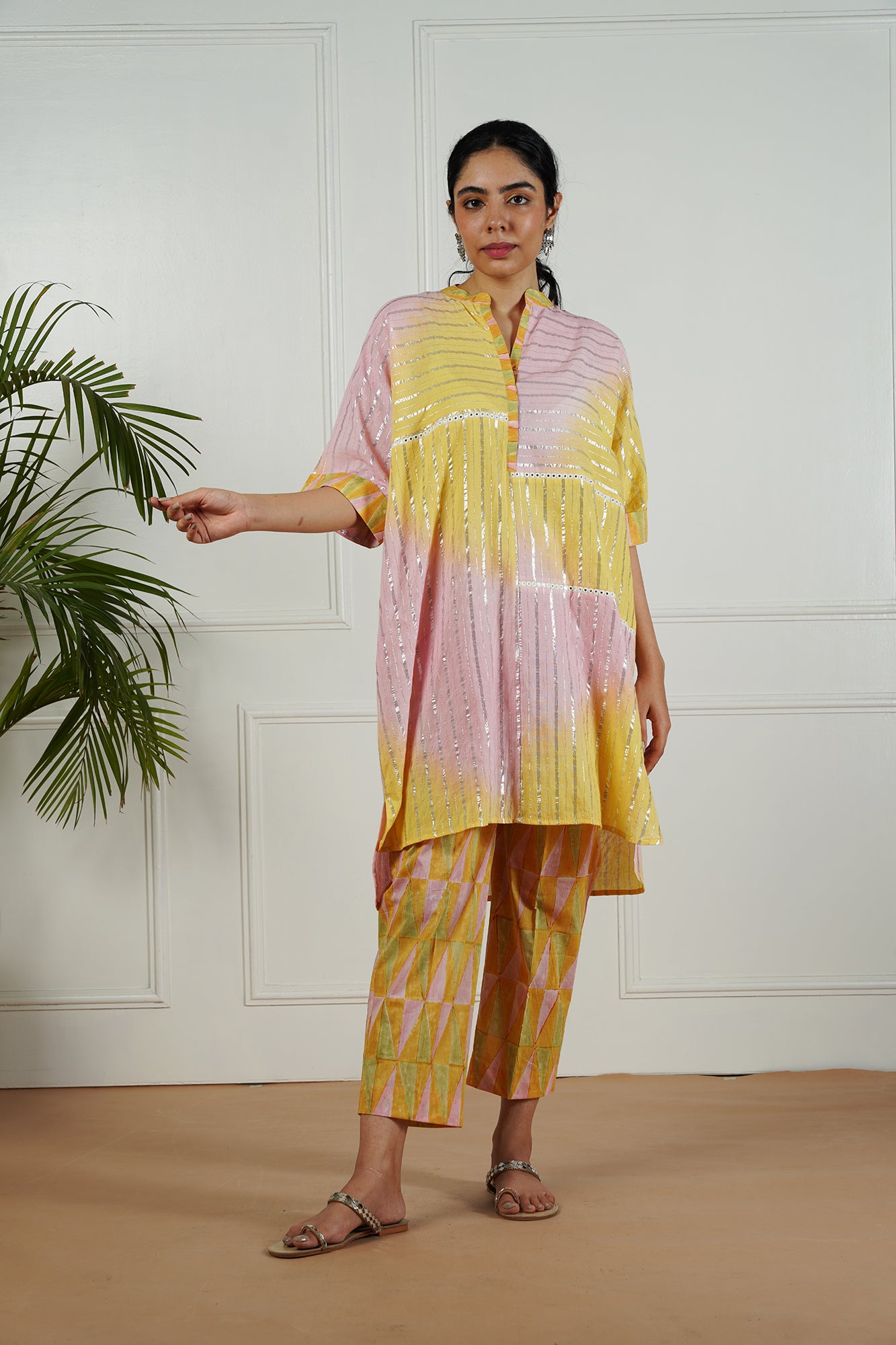 Pink-Yellow Shaded Lurex Top With Block Printed Pants