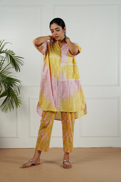 Pink-Yellow Shaded Lurex Top With Block Printed Pants