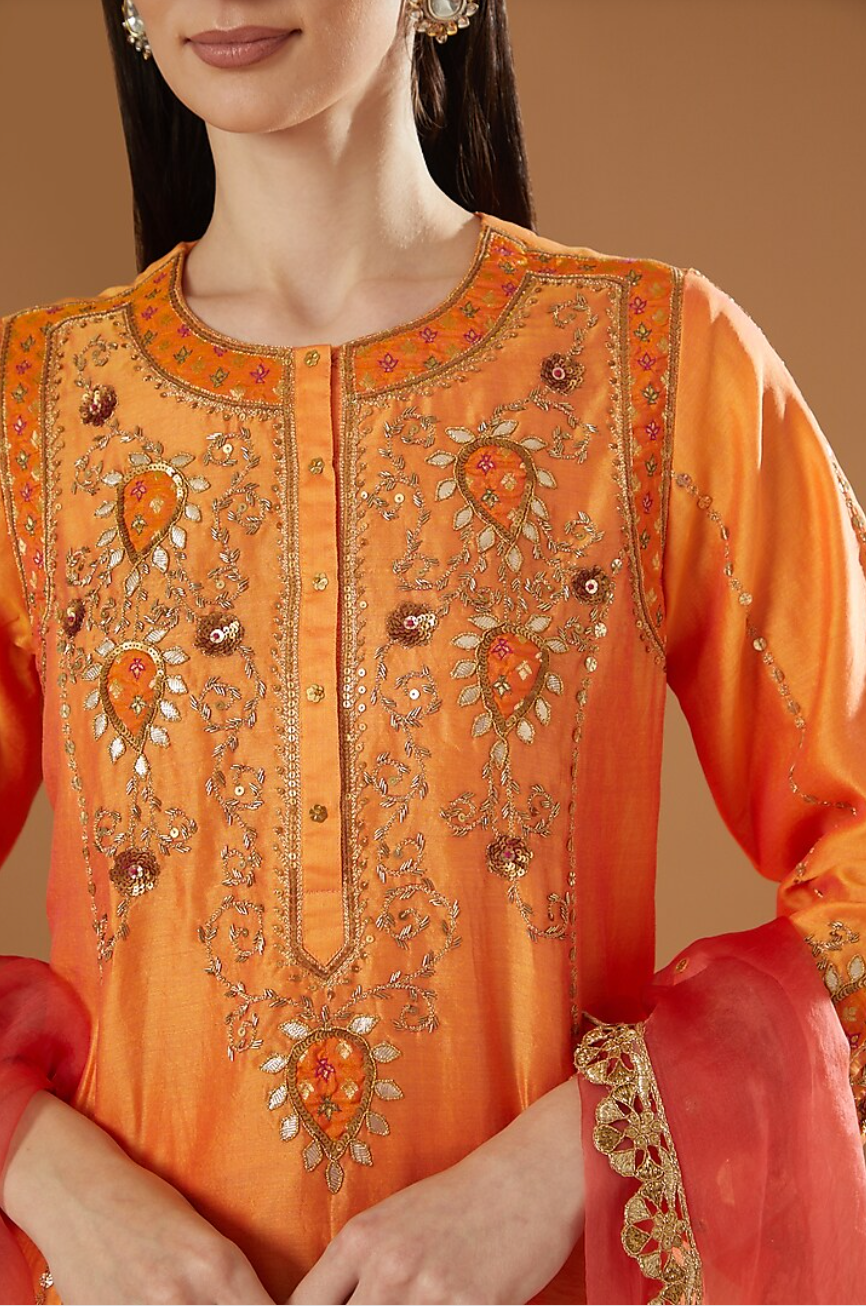 Orange Brocade Patch Embroidered Kalidaar Kurta Set