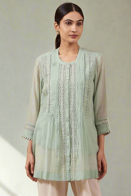 Sea Green - Chanderi pleated shirt