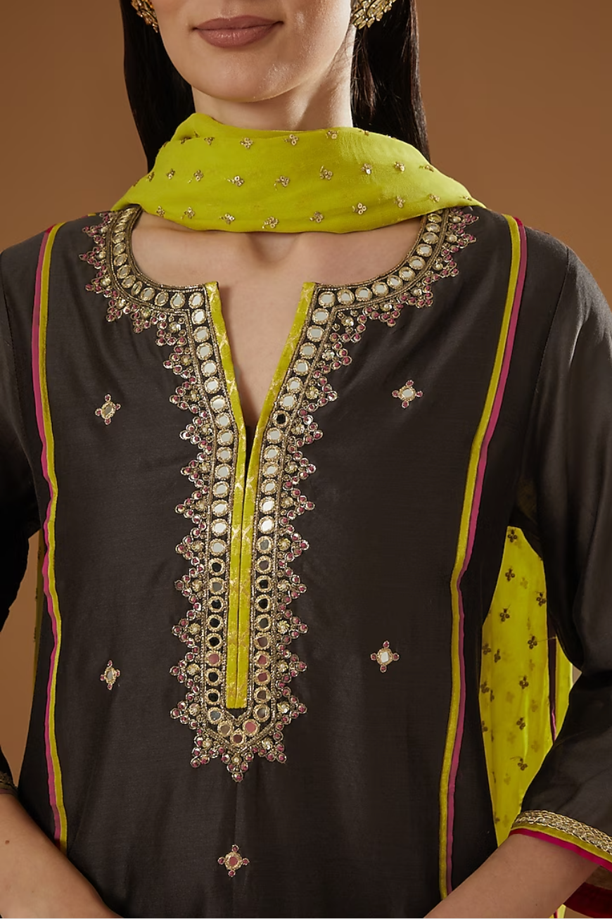 Brown Mirror Embroidered Centre Panel Kurta Set