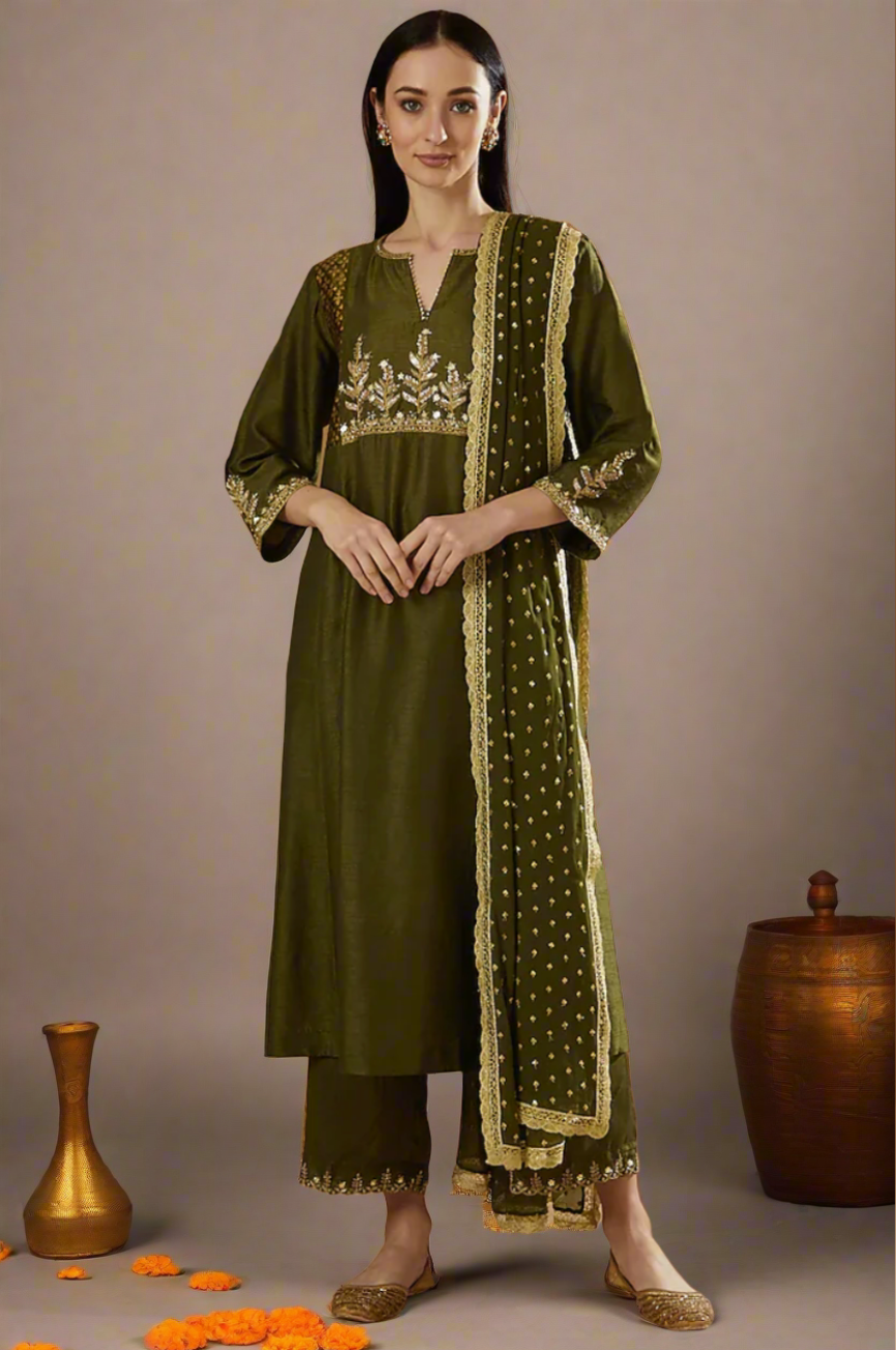 Henna Green Embroidered Kurta With  Block Printed Velvet Side Yokes