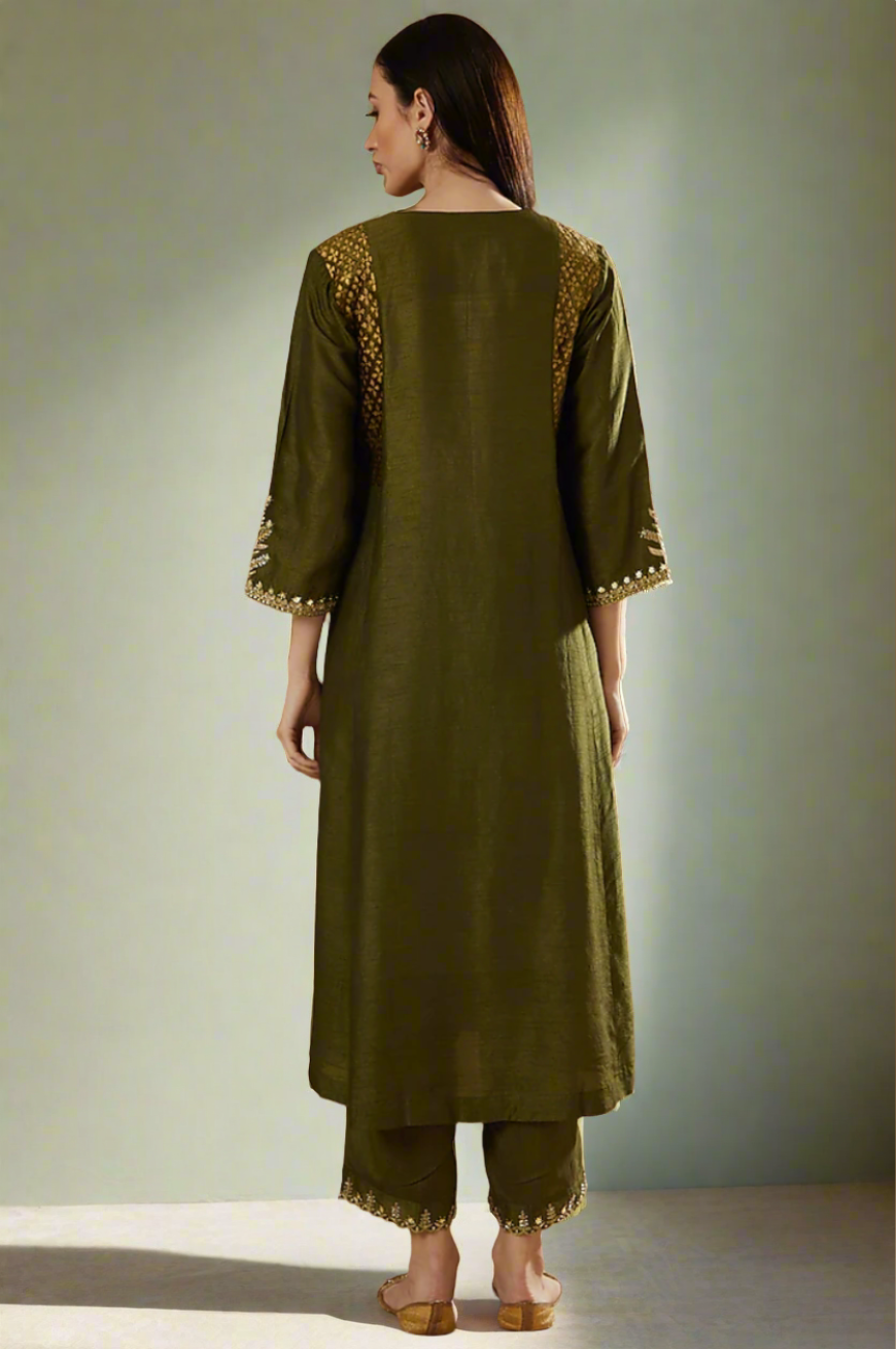 Henna Green Embroidered Kurta With  Block Printed Velvet Side Yokes