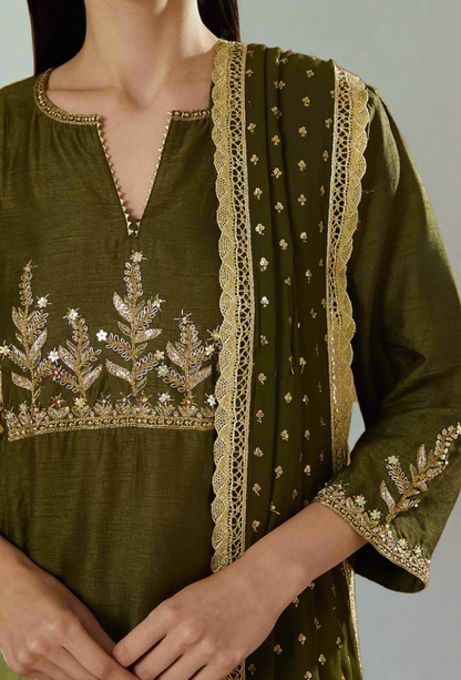 Henna Green Embroidered Kurta With  Block Printed Velvet Side Yokes