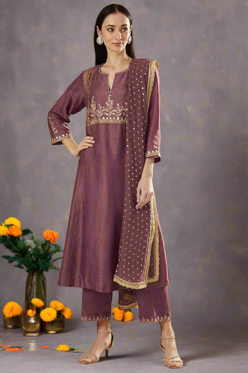 Mauve Embroidered Kurta With  Block Printed Velvet Side Yokes