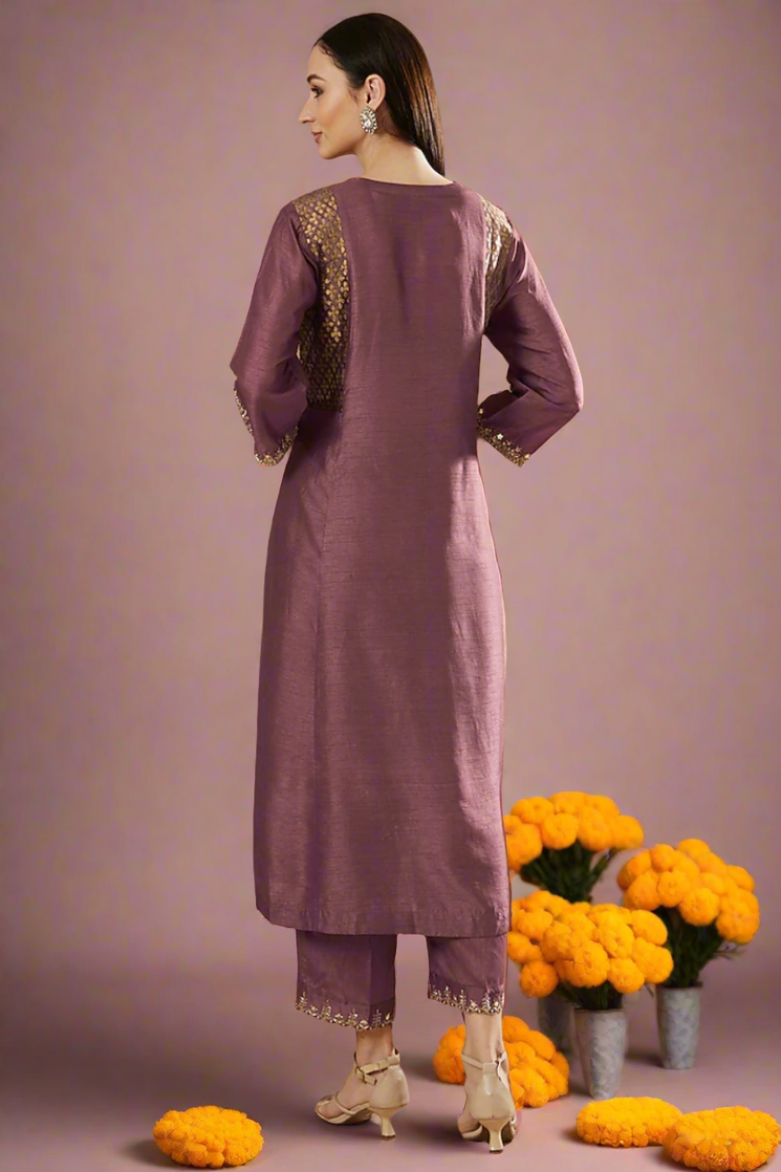 Mauve Embroidered Kurta With  Block Printed Velvet Side Yokes