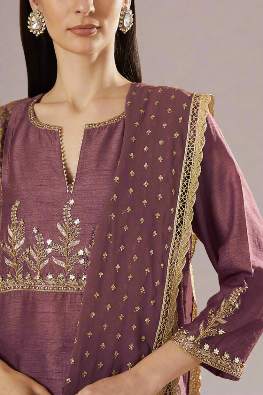 Mauve Embroidered Kurta With  Block Printed Velvet Side Yokes