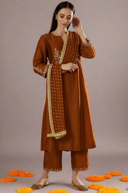 Rust Brown Embroidered Kurta With  Block Printed Velvet Side Yokes