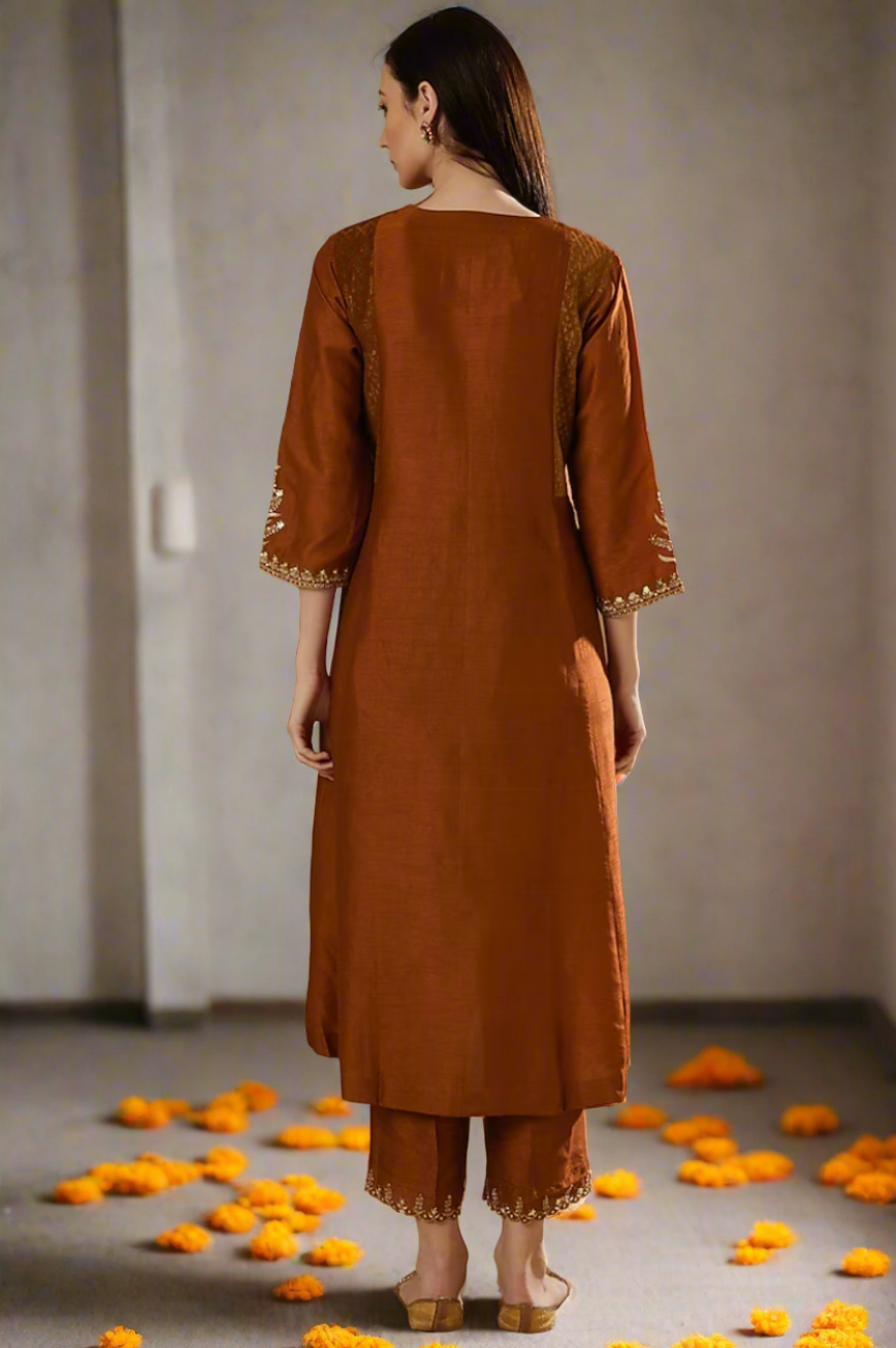 Brown Embroidered Kurta