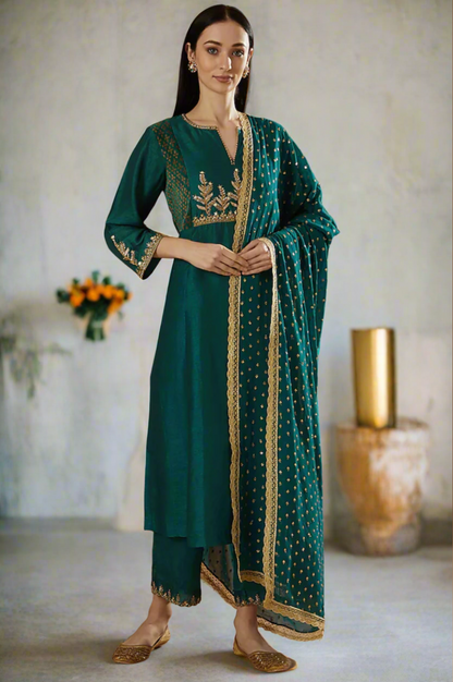 Teal Embroidered Kurta With  Block Printed Velvet Side Yokes