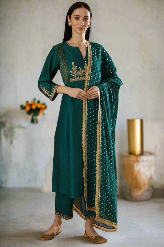 Teal Embroidered Kurta With  Block Printed Velvet Side Yokes