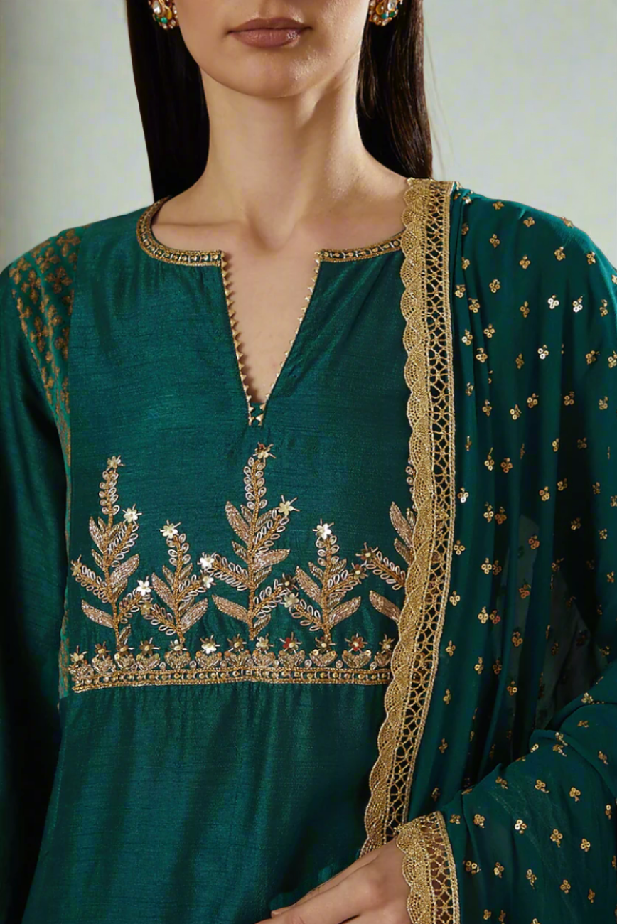 Teal Embroidered Kurta With  Block Printed Velvet Side Yokes