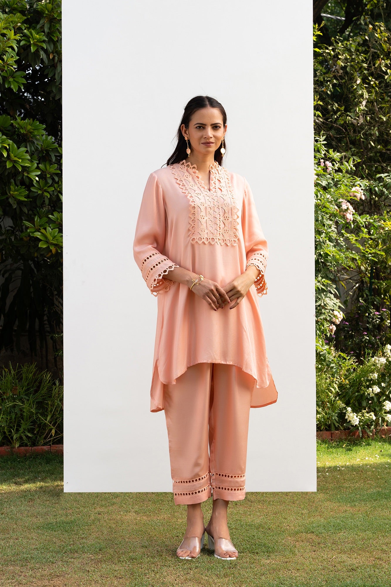 Peach Lace Yoke Co-ord set