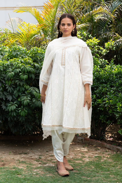 Off-White Floral Embroidered Short Anarkali Kurta Set with dhoti pants