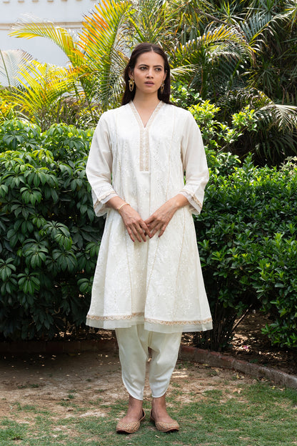 Off-White Floral Embroidered Short Anarkali Kurta Set with dhoti pants