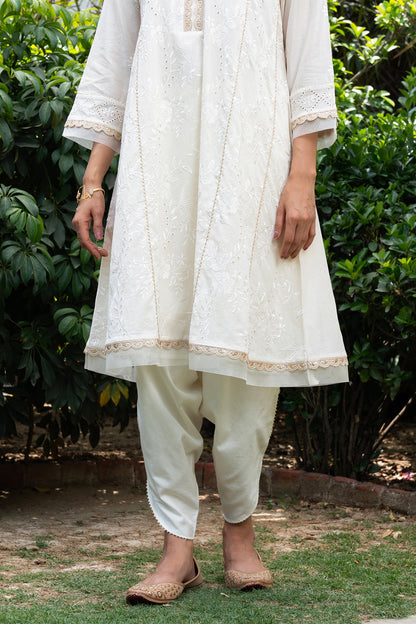 Off-White Floral Embroidered Short Anarkali Kurta Set with dhoti pants