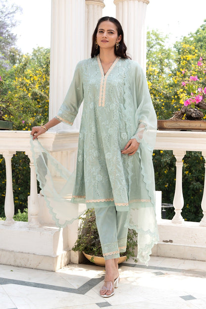 Sea-Green Floral Embroidered Short Anarkali Kurta Set