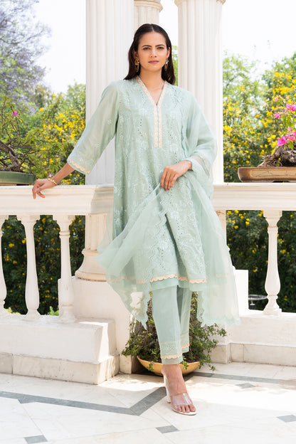 Sea-Green Floral Embroidered Short Anarkali Kurta Set