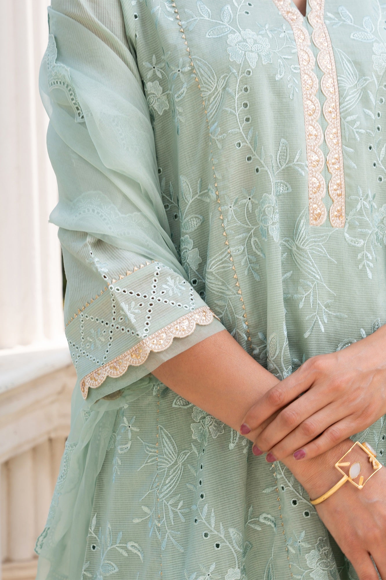 Sea-Green Floral Embroidered Short Anarkali Kurta Set