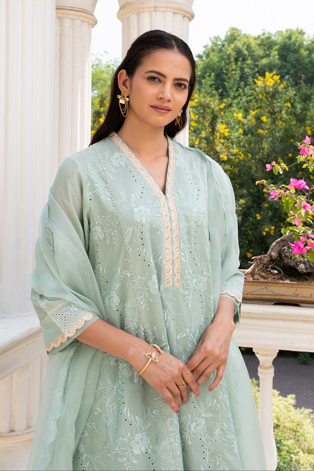 Sea-Green Floral Embroidered Short Anarkali Kurta Set