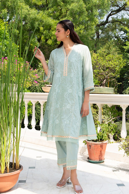 Sea-Green Floral Embroidered Short Anarkali Kurta Set