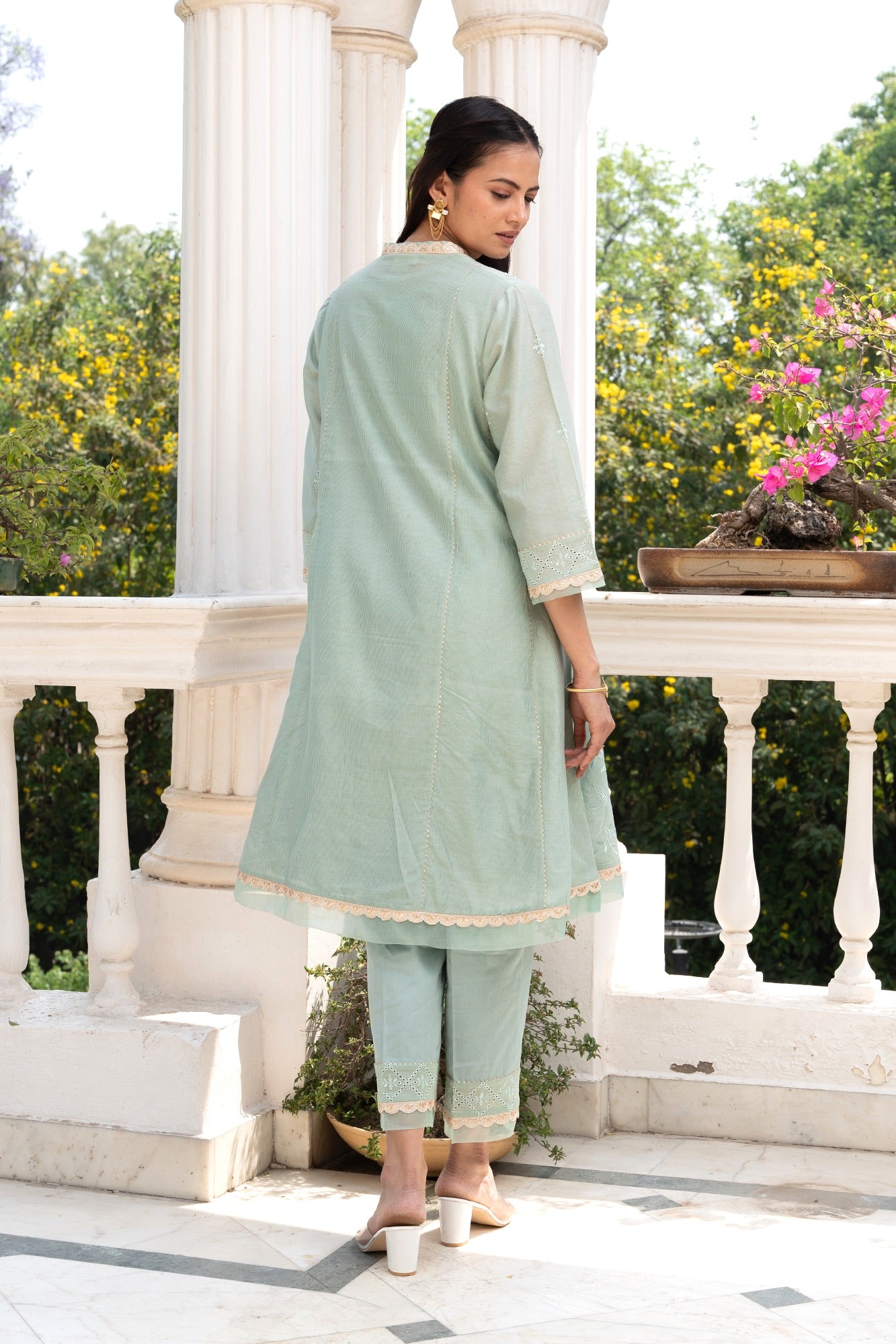 Sea-Green Floral Embroidered Short Anarkali Kurta Set