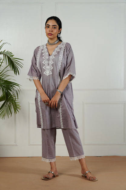 Lilac Lace Neck Kurta Set