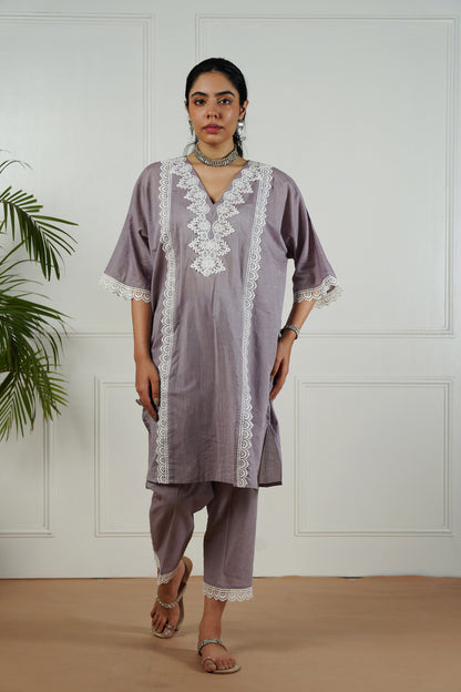 Lilac Lace Neck Kurta Set