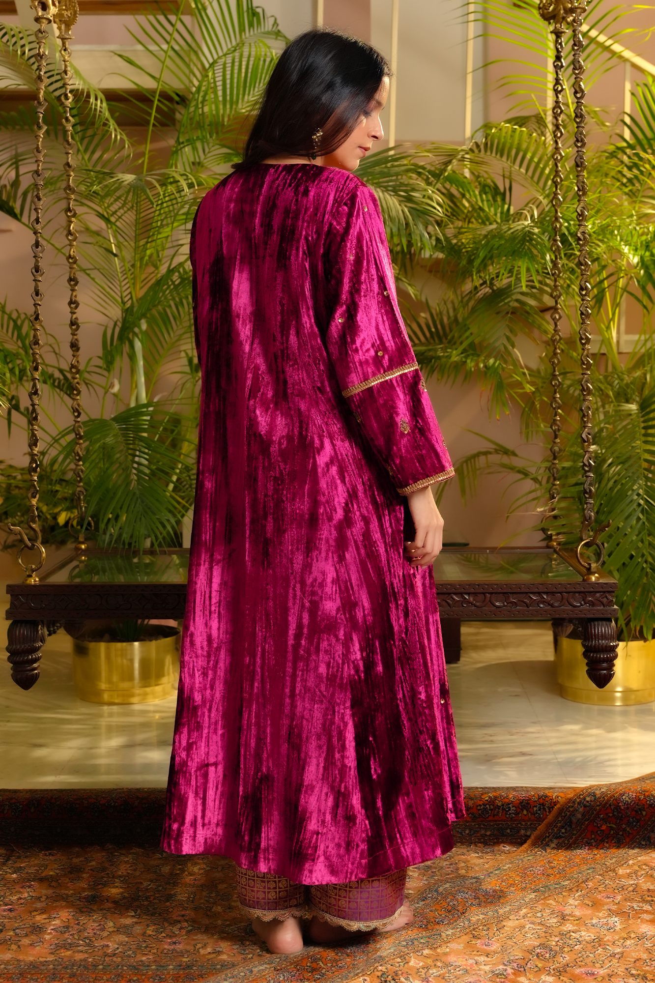 Ruby Pink Velvet Hand Embroidered Jhumar Kurta Set