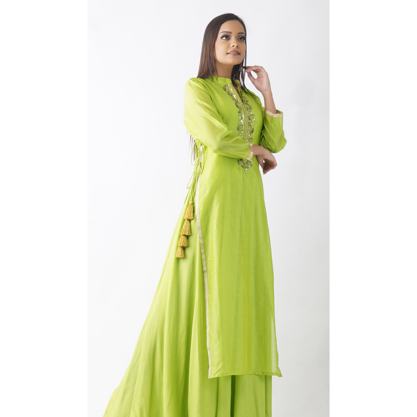 Aakash Light Green Neck Embroidered Layered Kurta