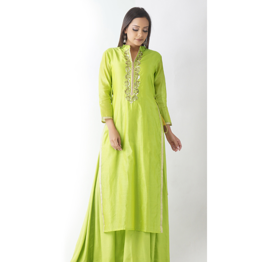 Aakash Light Green Neck Embroidered Layered Kurta