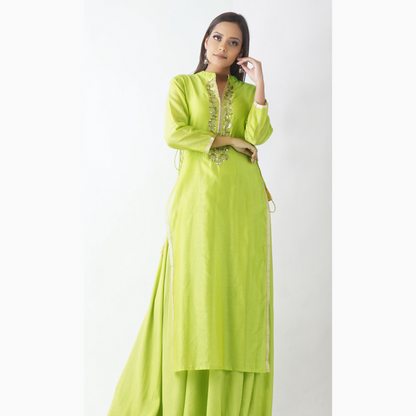 Aakash Light Green Neck Embroidered Layered Kurta