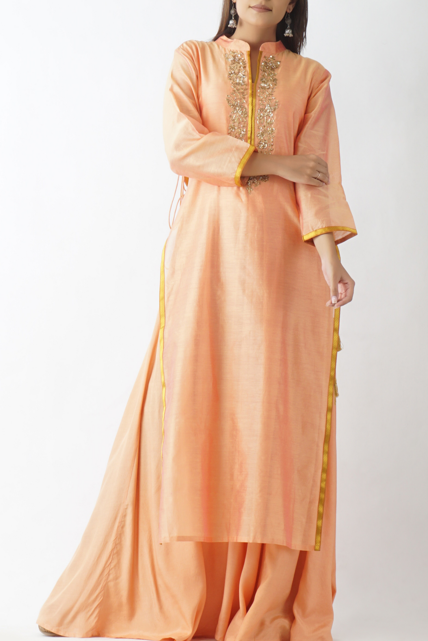 Aakash Orange Neck Embroidered Layered Kurta