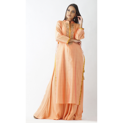 Aakash Orange Neck Embroidered Layered Kurta