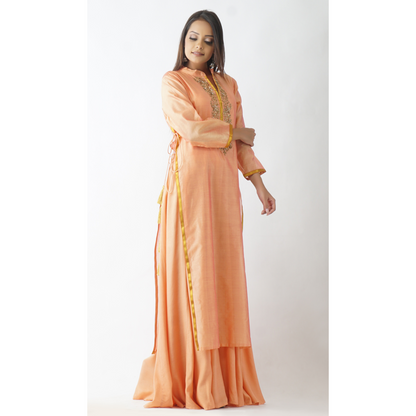 Aakash Orange Neck Embroidered Layered Kurta