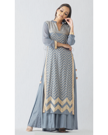 Jal Grey-Blue Embroidered Layered Kurta