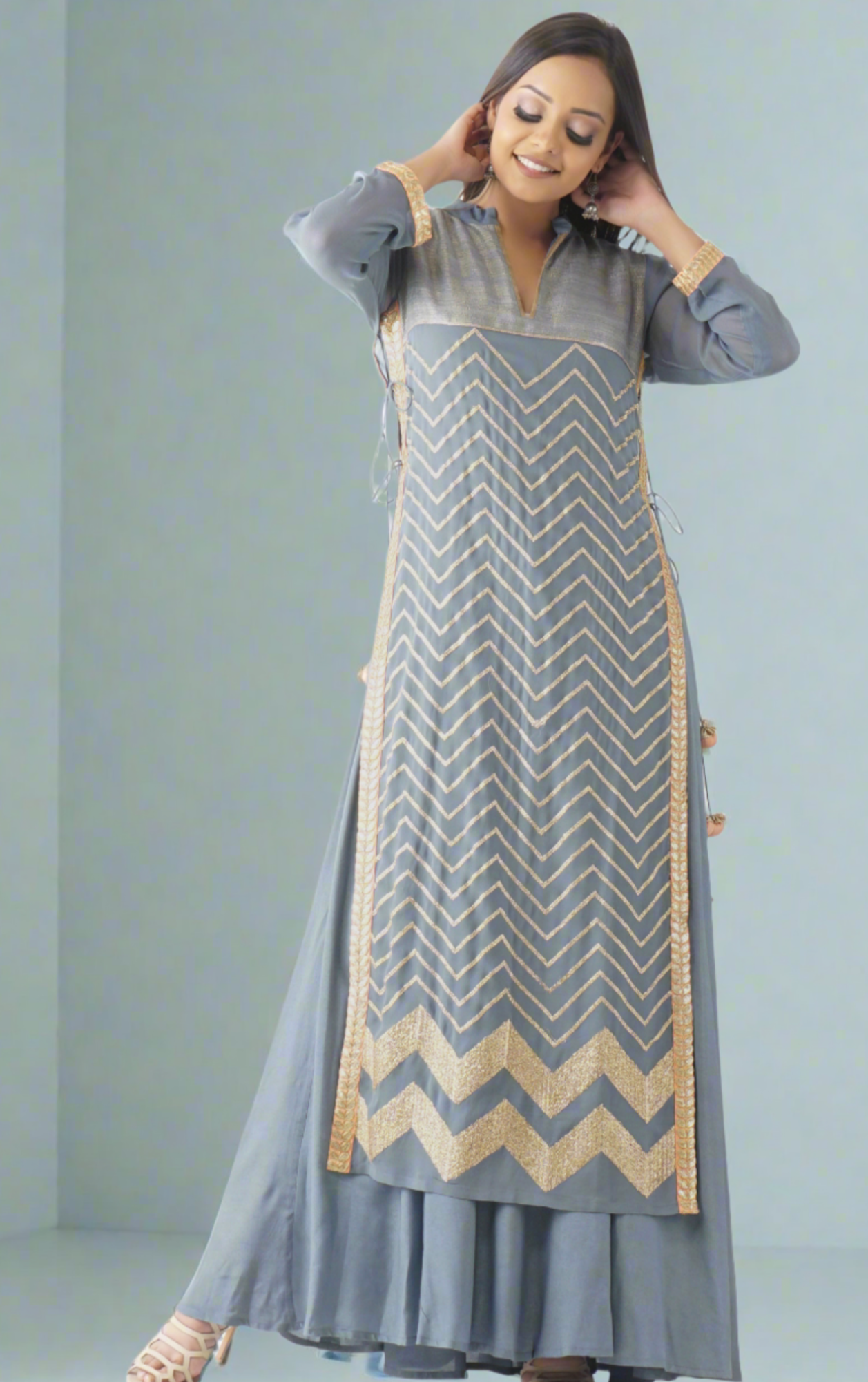 Jal Grey-Blue Embroidered Layered Kurta