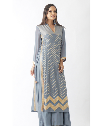 Jal Grey-Blue Embroidered Layered Kurta