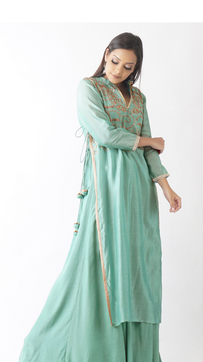 Prithvi Aqua Embroidered Layered Kurta